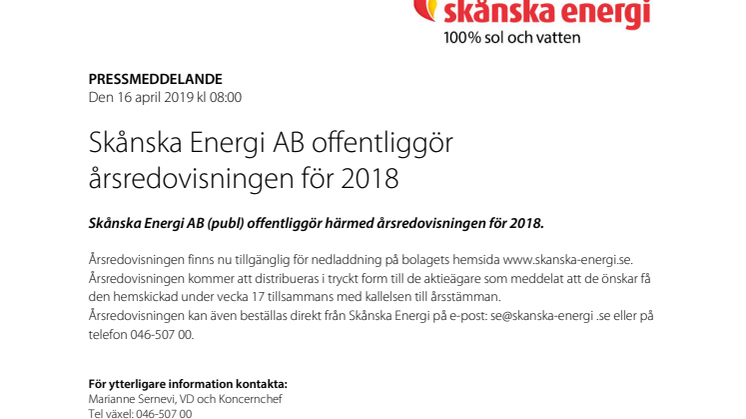 Skånska Energi AB offentliggör årsredovisningen för 2018
