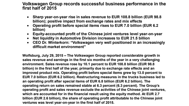 Volkswagen Group records successful business performance in the first half of 2015