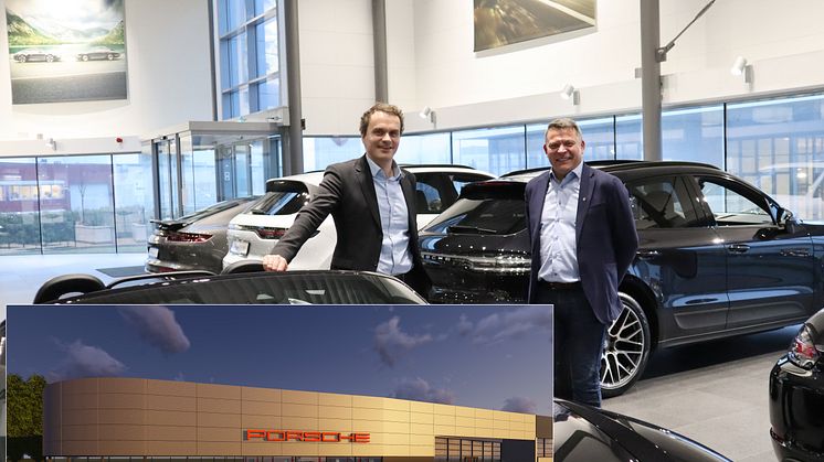 Hedin skal ta kundeopplevelsen til et nytt nivå når de åpner det 1 800 kvm store Porsche-senteret i Sørlandsparken i Kristiansand; f.v. Stig Sæveland, adm. dir Hedin Automotive og Terje Fjogstad, daglig leder i Porsche Center Sør og Stavanger 