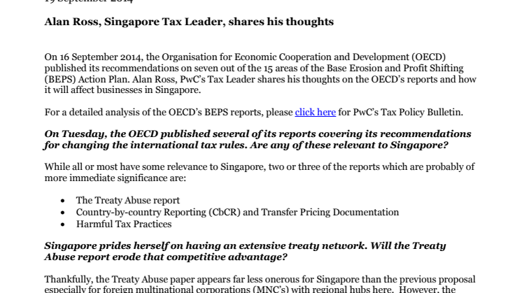 PoV: OECD recommendations on BEPS - How is Singapore affected?