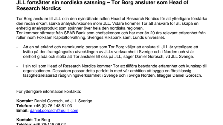 JLL fortsätter sin nordiska satsning – Tor Borg ansluter som Head of Research Nordics
