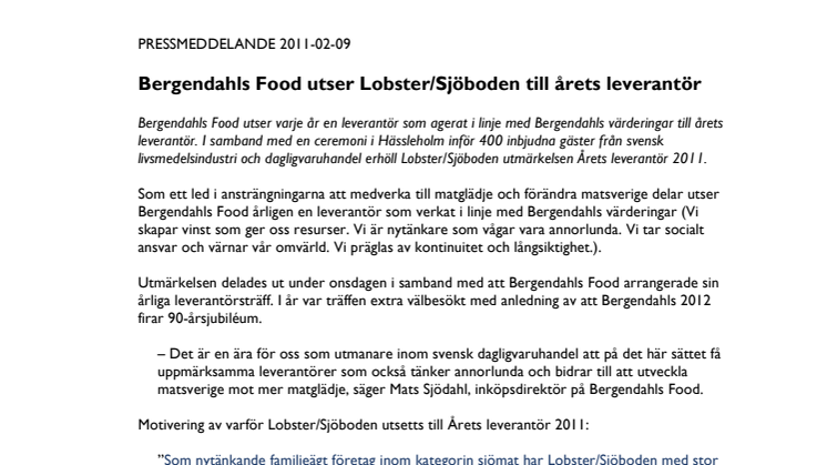 Bergendahls Food utser Lobster/Sjöboden till årets leverantör