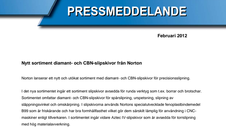 Nytt sortiment diamant- och CBN-slipskivor från Norton