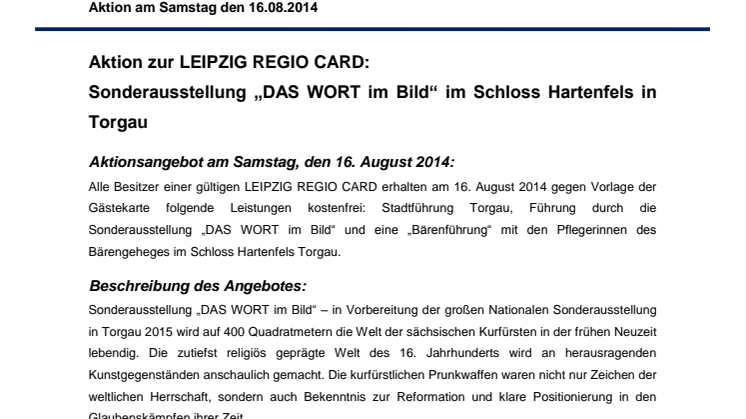 Aktionsangebot Schloss Hartenfels Torgau 16.08.2014