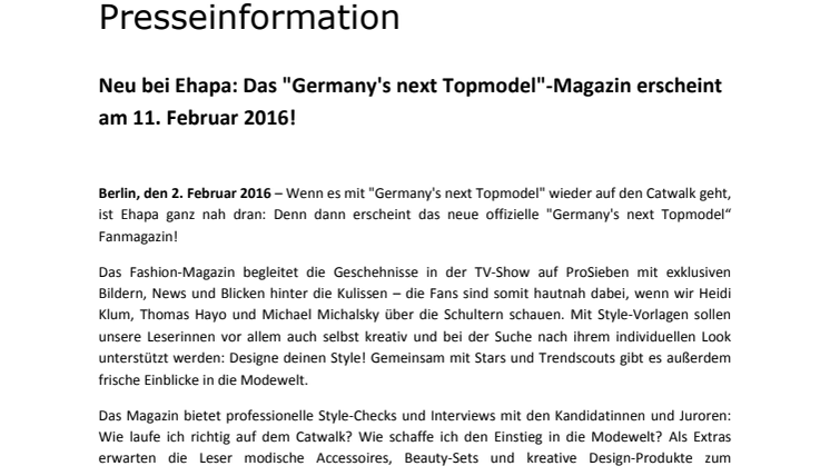 Neu bei Ehapa: Das "Germany's next Topmodel"-Magazin erscheint am 11. Februar 2016!