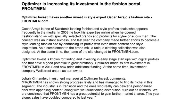 Optimizer is increasing its investment in the fashion portal FRONTMEN