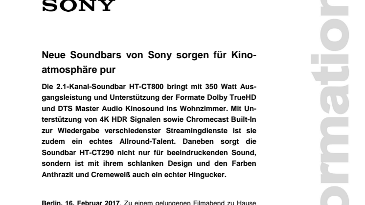 Neue Soundbars von Sony sorgen für Kinoatmosphäre pur