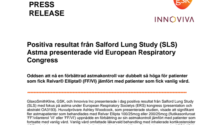 Positiva resultat från Salford Lung Study (SLS) Astma presenterade vid European Respiratory Congress