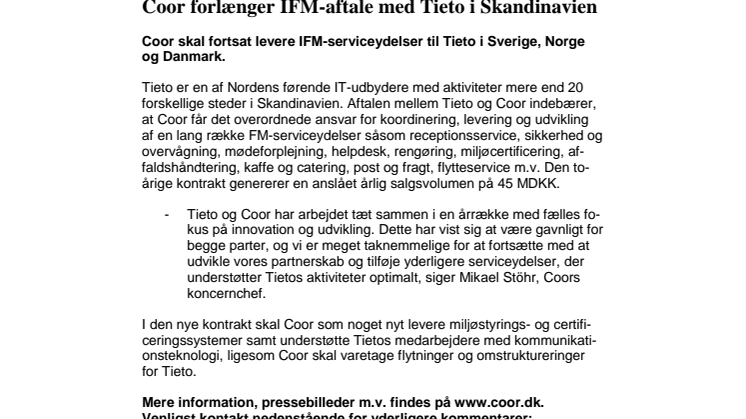 Coor forlænger IFM-aftale med Tieto i Skandinavien 