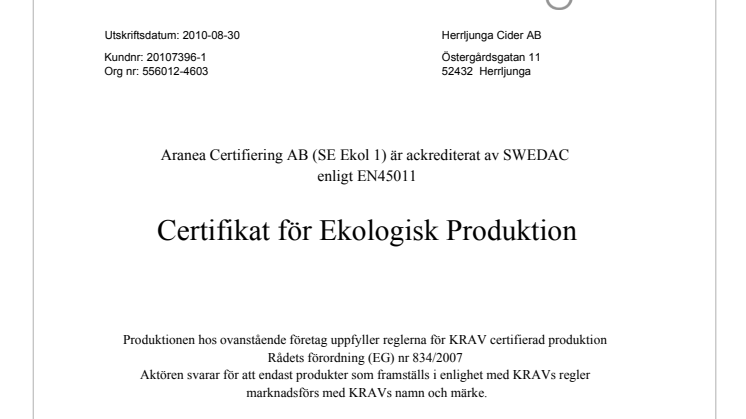 Herrljunga Cider har KRAV-certifierat sin produktion
