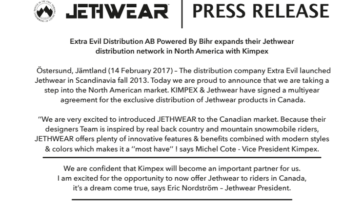 Extra Evil Distribution AB expands their Jethwear distribution network in North America with Kimpex