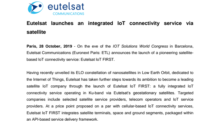 Eutelsat launches an integrated IoT connectivity service via satellite
