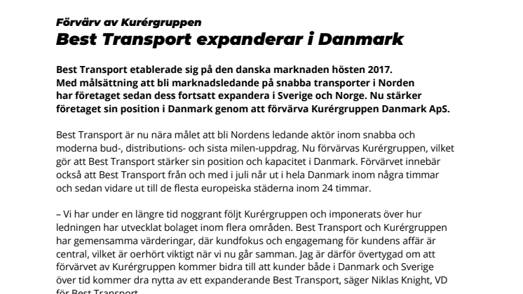 Best Transport förvärvar Kurérgruppen i Danmark