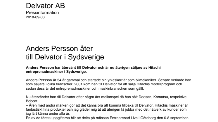​Anders Persson åter till Delvator i Sydsverige