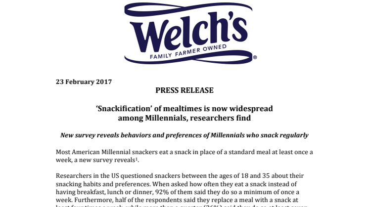 Press release – ‘Snackification’ of mealtimes is now widespread  among Millennials, researchers find