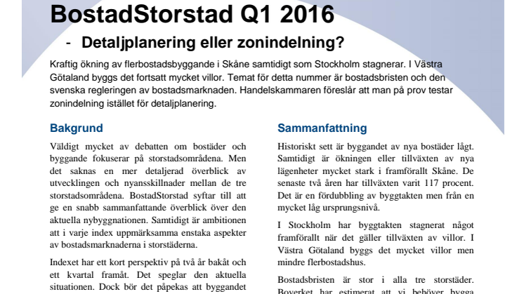 Bostad Storstad Q1 2016 - Detaljplanering eller zonindelning? 