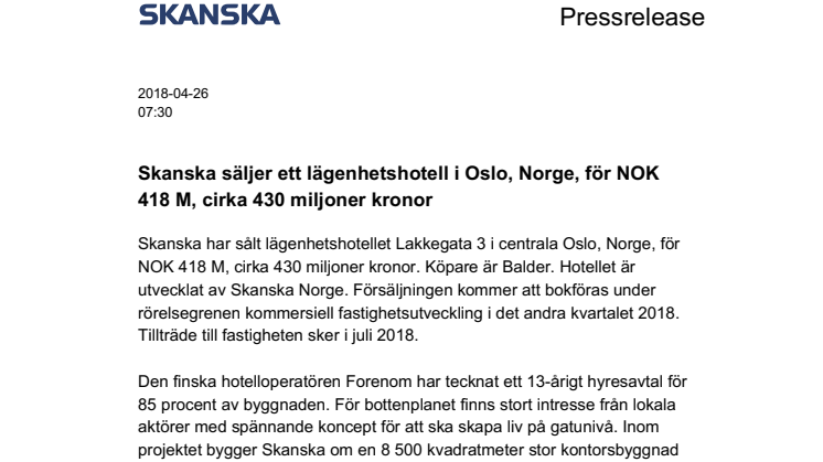 Skanska säljer ett lägenhetshotell i Oslo, Norge, för NOK 418 M, cirka 430 miljoner kronor