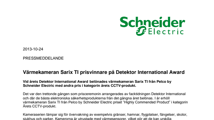 Värmekameran Sarix TI prisvinnare på Detektor International Award