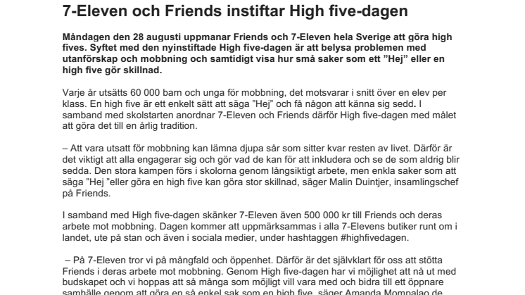 7-Eleven och Friends instiftar High five-dagen