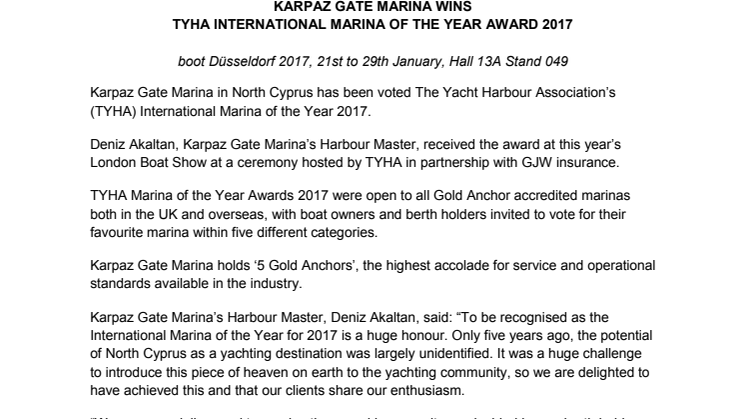 Press Kit #2: Karpaz Gate Marina Wins TYHA International Marina of the Year Award 2017