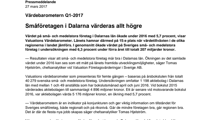 Värdebarometern Q1-2017 Dalarnas Län