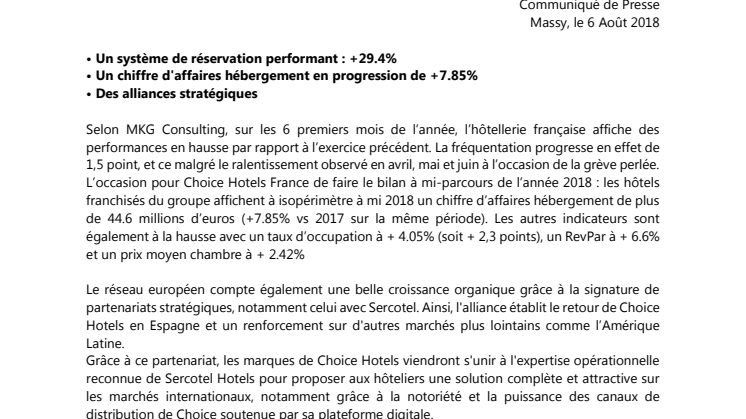 Choice Hotels France, des résultats en hausse sur le 1er semestre 2018