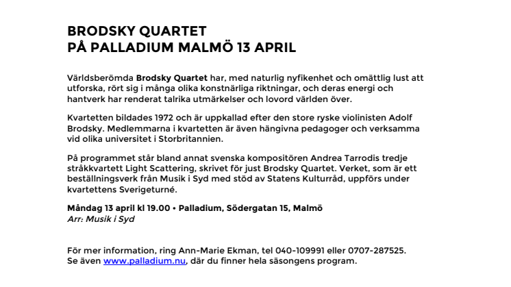 Brodsky Quartet på Palladium Malmö 13 april