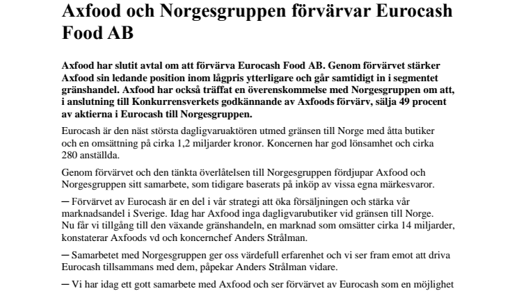 Axfood och Norgesgruppen förvärvar Eurocash Food AB