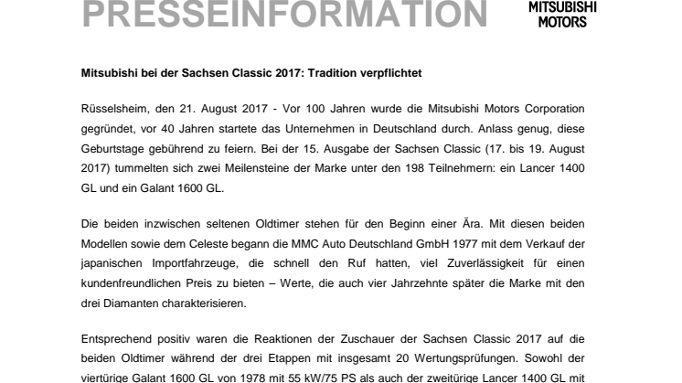 Mitsubishi bei der Sachsen Classic 2017: Tradition verpflichtet