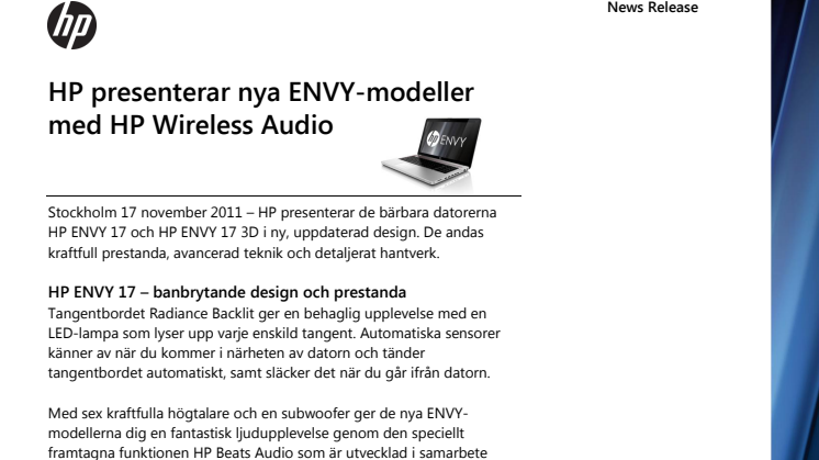 HP presenterar nya ENVY-modeller med HP Wireless Audio