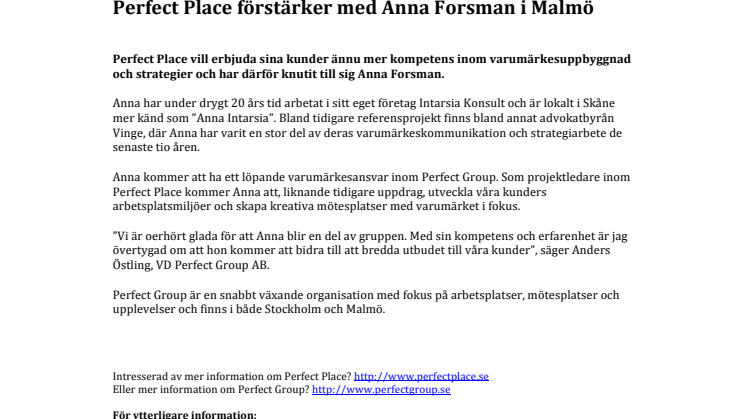 Perfect Place förstärker med Anna Forsman i Malmö