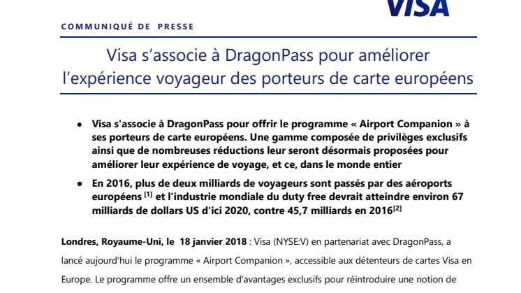 Visa s’associe à DragonPass pour améliorer l’expérience voyageur des porteurs de carte européens
