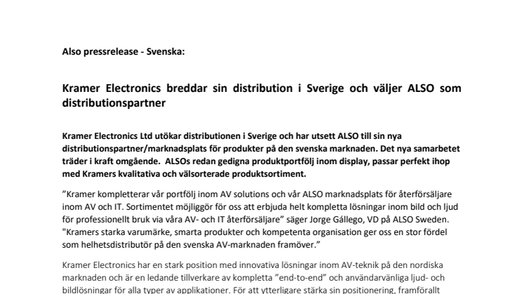 Kramer Electronics breddar sin distribution i Sverige och väljer ALSO som distributionspartner