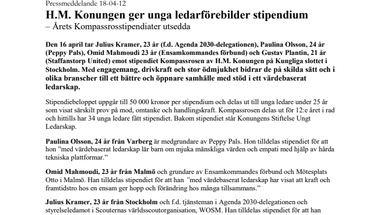 H.M. Konungen ger unga ledarförebilder stipendium - årets Kompassrosstipendiater utsedda