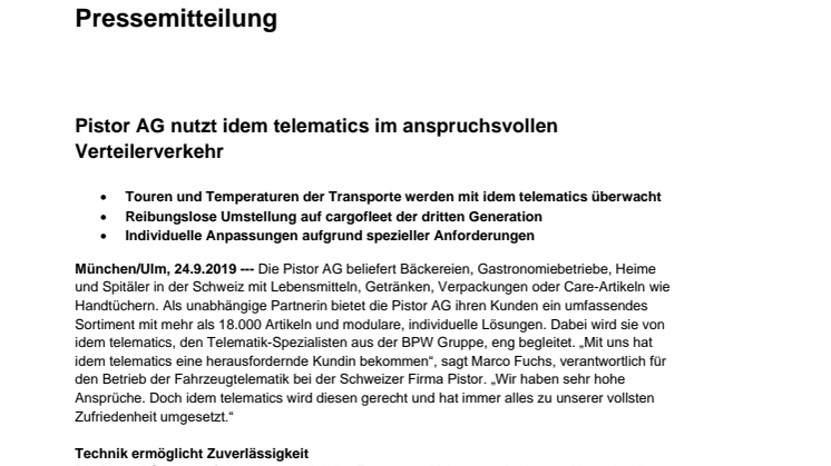 Pistor AG nutzt idem telematics im anspruchsvollen Verteilerverkehr