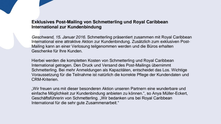 Exklusives Post-Mailing von Schmetterling und Royal Caribbean International zur Kundenbindung