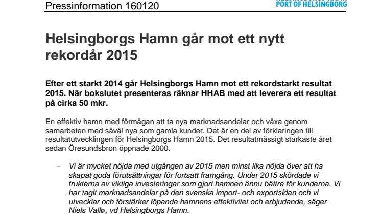 ​​Helsingborgs Hamn går mot ett nytt rekordår 2015