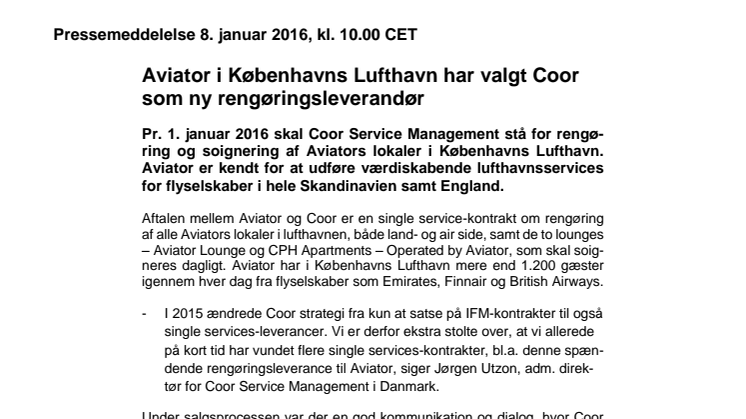 Aviator i Københavns Lufthavn har valgt Coor som ny rengøringsleverandør