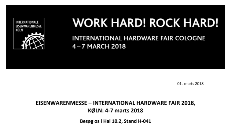 International Hardware Fair KØLN 4-7 marts 2018