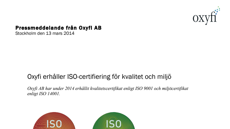 Oxyfi erhåller ISO-certifiering för kvalitet och miljö
