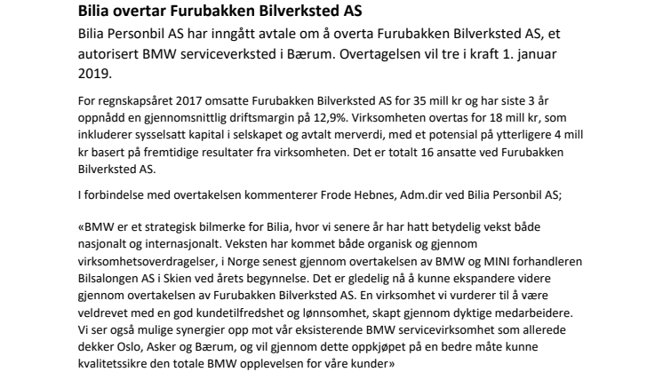 Bilia overtar Furubakken Bilverksted AS