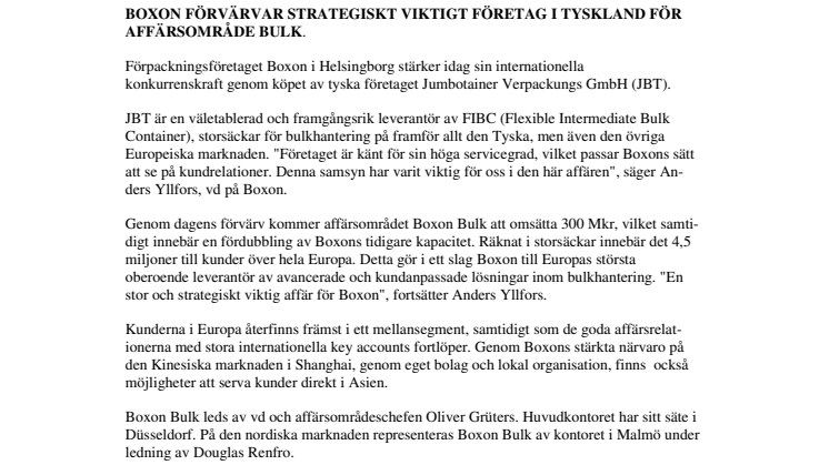 Boxon förvärvar strategiskt viktigt företag i Tyskland för affärsområde Bulk