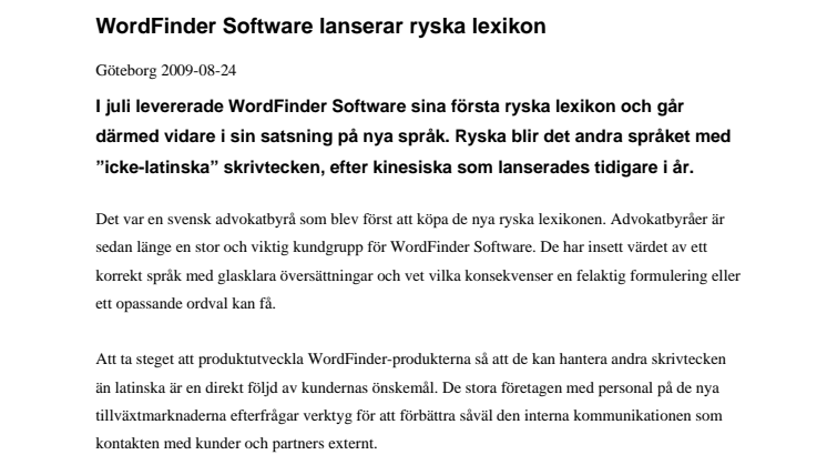 WordFinder Software lanserar ryska lexikon