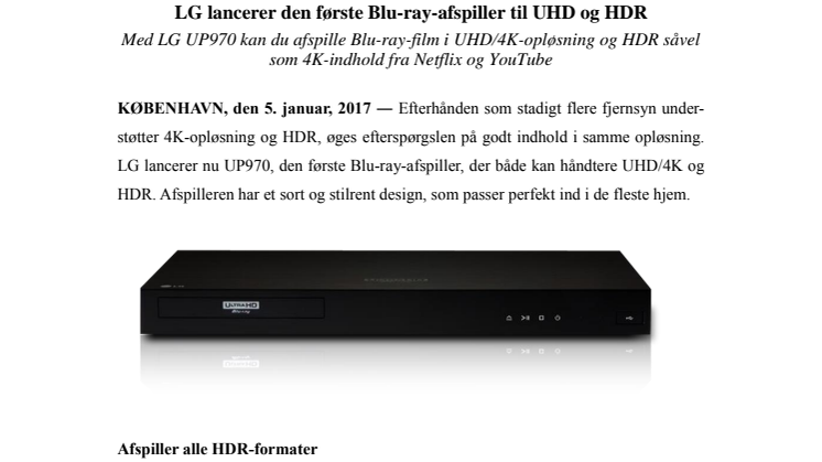LG lancerer den første Blu-ray-afspiller til UHD og HDR 