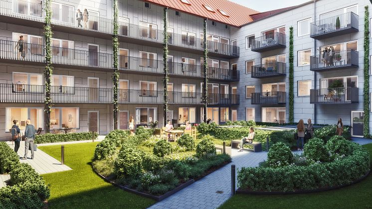 Den gemensamma innergården förbinder hyresrätter med bostadsrätter.