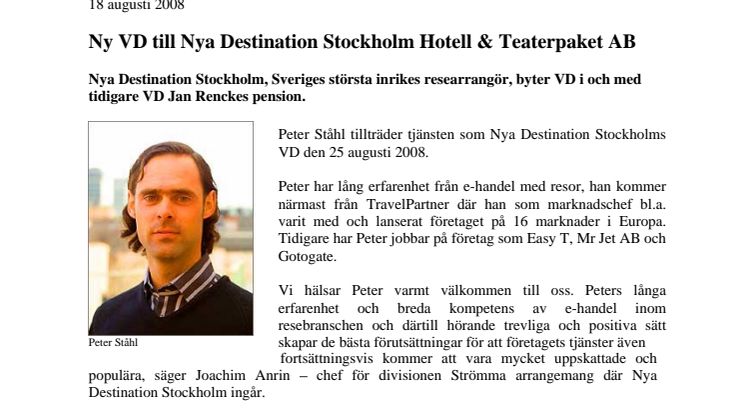 Ny VD till Destination Stockholm Hotel & Teaterpaket AB