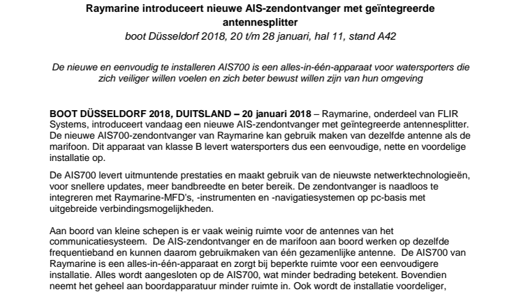 Raymarine - boot Düsseldorf: Raymarine introduceert nieuwe AIS-zendontvanger met geïntegreerde antennesplitter