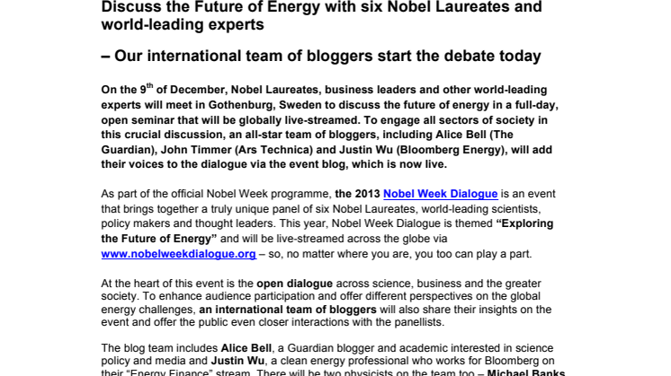 Discuss the Future of Energy with six Nobel Laureates and world-leading experts – Our international team of bloggers start the debate today