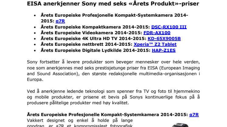 EISA anerkjenner Sony med seks priser