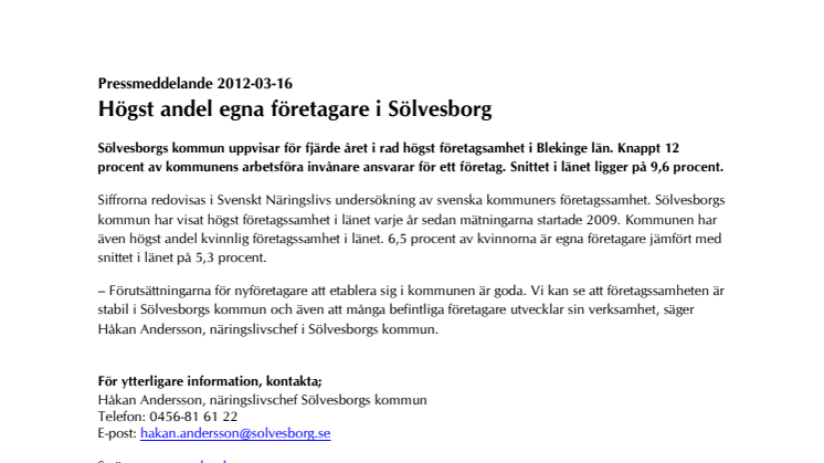 Högst andel egna företagare i Sölvesborg